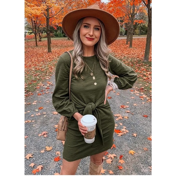 prettygarden Dresses & Skirts - PRETTYGARDEN Women's Long Lantern Sleeve Crewneck Tie Waist Knit Dress